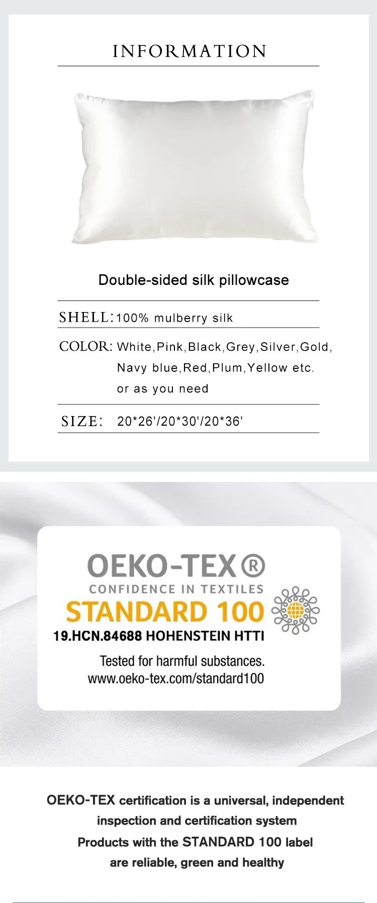 100% Natural Mulberry Silk Pillowcase 19MM With Hidden Zipper Suitable For Hair Real silk pillow case with Oeko-tex