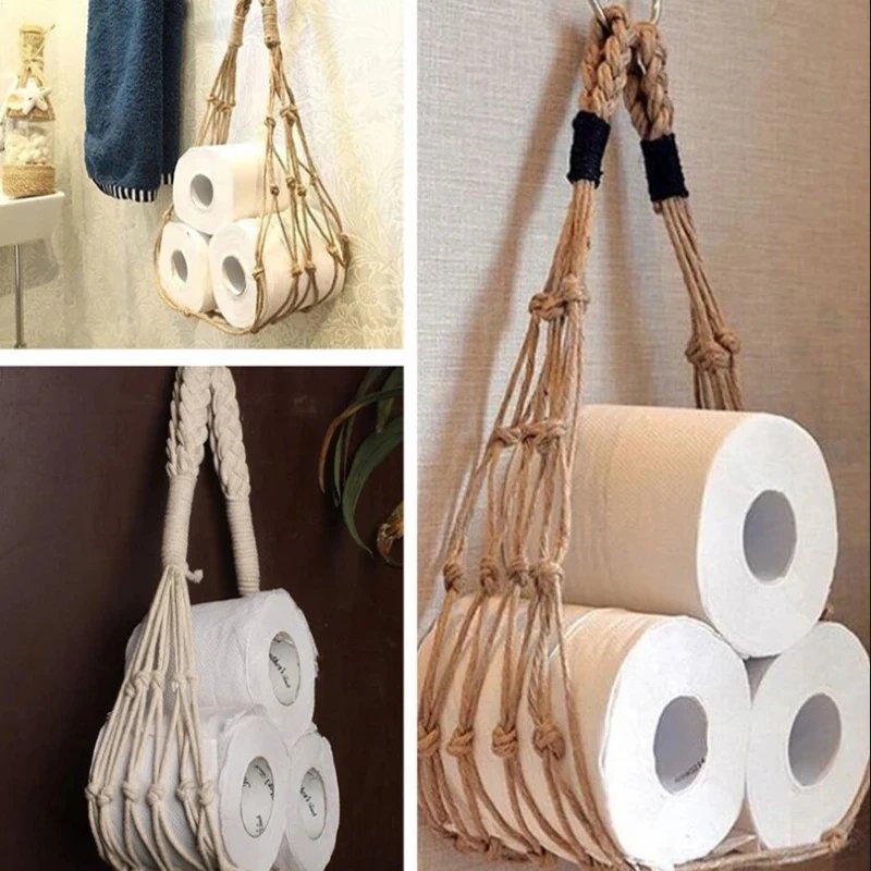 Mesh Rope Toilet Paper Holder Hand-woven Pocket Bohemian Style Storage Bag Wall-mounted Magazine Book Tissue Holder Home