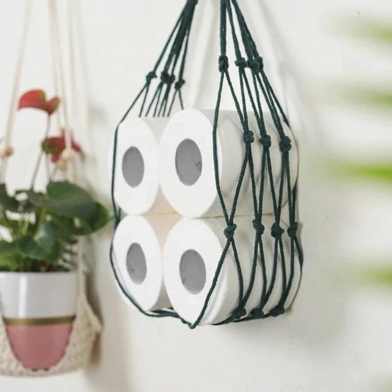 Mesh Rope Toilet Paper Holder Hand-woven Pocket Bohemian Style Storage Bag Wall-mounted Magazine Book Tissue Holder Home