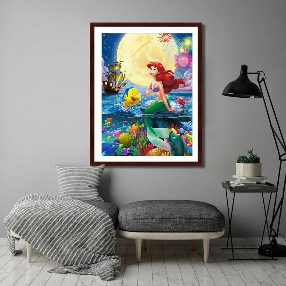 Disney DIY Painting By Numbers Mickey Mouse With Frame Oil Painting Princess Cartoon Picture Mermaid Stitch Crafts Child Gift