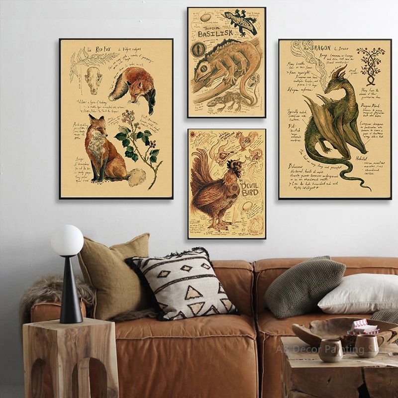 Retro Dragon//Fox/Dog/Wolf/Bird/Bear Posters Prints Nostalgic Animal Natural Study Vintage Home Room Art Wall Decor Painting