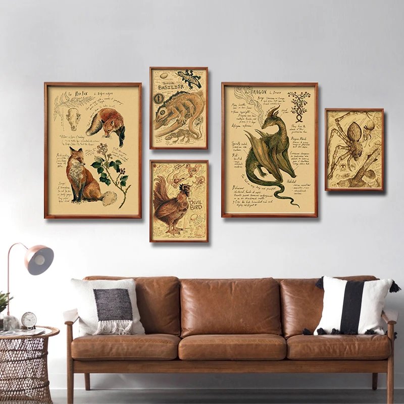 Retro Dragon//Fox/Dog/Wolf/Bird/Bear Posters Prints Nostalgic Animal Natural Study Vintage Home Room Art Wall Decor Painting