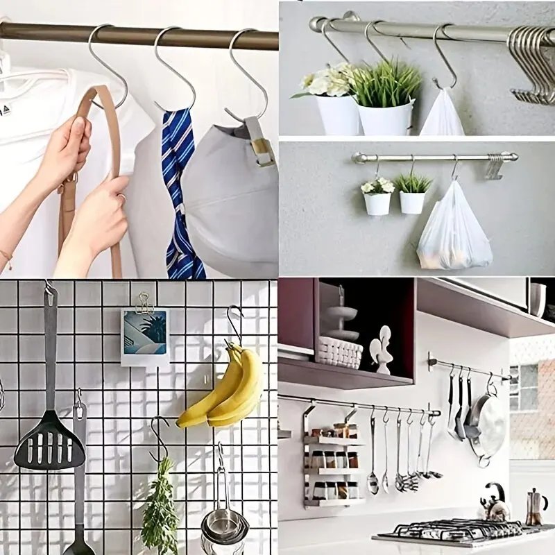 10pcs Stainless Steel S Shaped Hook Kitchen Bathroom Clothing Hooks Multi-functional Metal Hanging Hook