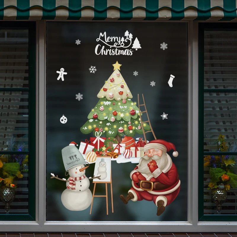 2024 Christmas Window Stickers Santa Claus Xmas Tree Cartoon Glass Decal Merry Christmas New Year Holiday Decorations for Home