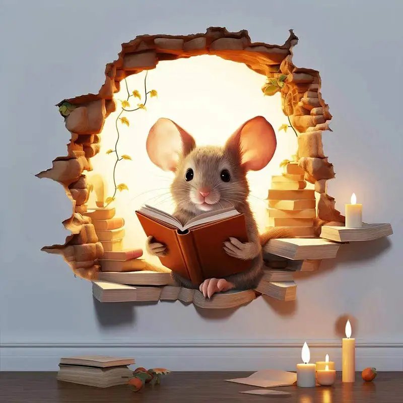 M736 Mouse Hole Wall Sticker, Mouse Book Lover's Vinyl Decal, Mouse Reading Decor, Cute Mouse in a Hole, Mouse Sticker