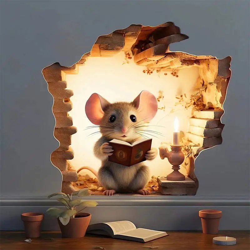 M736 Mouse Hole Wall Sticker, Mouse Book Lover's Vinyl Decal, Mouse Reading Decor, Cute Mouse in a Hole, Mouse Sticker