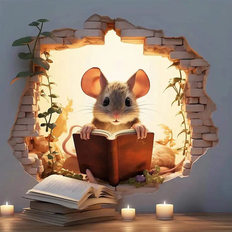 M736 Mouse Hole Wall Sticker, Mouse Book Lover's Vinyl Decal, Mouse Reading Decor, Cute Mouse in a Hole, Mouse Sticker
