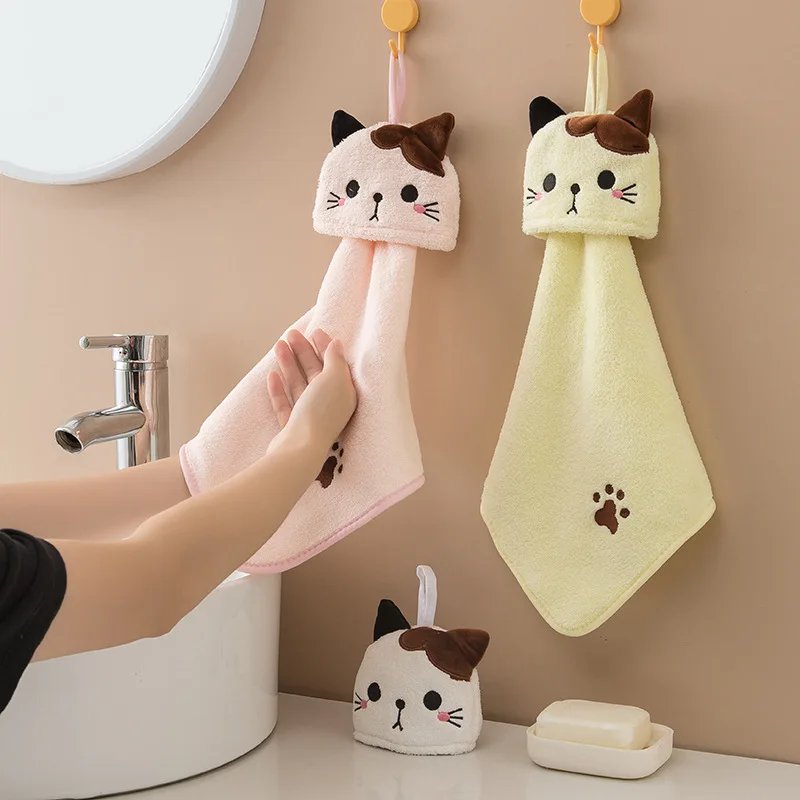 Cute Cat Kitchen Cleaning Towel Hanging Hand Towels Absorbent  Dishcloths Coral Velvet Soft Cleaning Cloth Rag