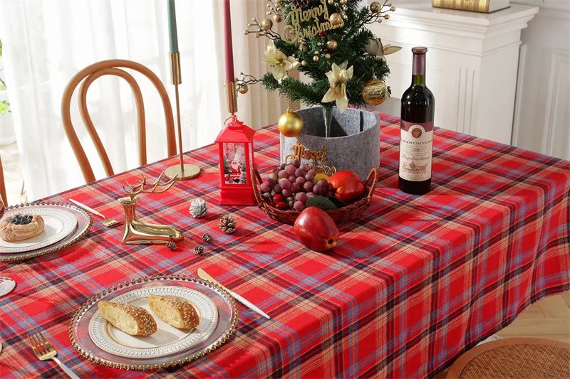 Christmas Decoration Plaid Tablecloth Color Woven Polyester Cotton Red Green Table cover for Home Party Dining Decor Christmas Decoration Plaid Tablecloth Color Woven Polyester Cotton Red Green Table cover for Home Party Dining Decor