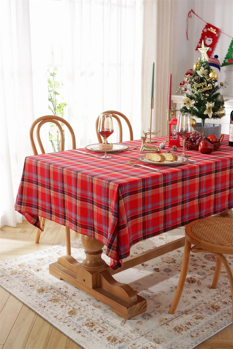 Christmas Decoration Plaid Tablecloth Color Woven Polyester Cotton Red Green Table cover for Home Party Dining Decor Christmas Decoration Plaid Tablecloth Color Woven Polyester Cotton Red Green Table cover for Home Party Dining Decor