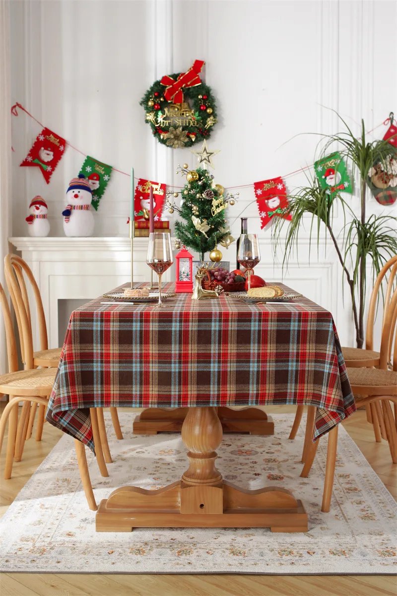 Christmas Decoration Plaid Tablecloth Color Woven Polyester Cotton Red Green Table cover for Home Party Dining Decor Christmas Decoration Plaid Tablecloth Color Woven Polyester Cotton Red Green Table cover for Home Party Dining Decor