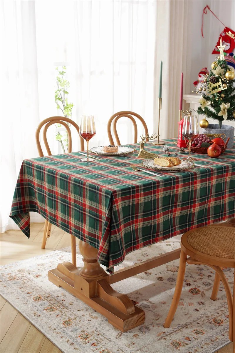 Christmas Decoration Plaid Tablecloth Color Woven Polyester Cotton Red Green Table cover for Home Party Dining Decor Christmas Decoration Plaid Tablecloth Color Woven Polyester Cotton Red Green Table cover for Home Party Dining Decor