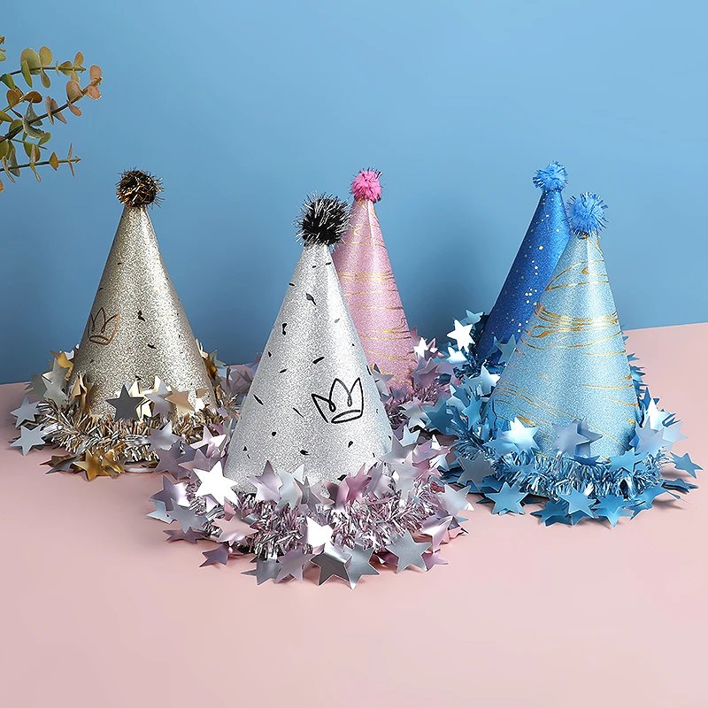 Birthday Party Sequin Cone Hats Glitter Stars Paper Cap Crown Dress Up Kid Birthday Party Decoration Xmas Hat Baby Shower Supply