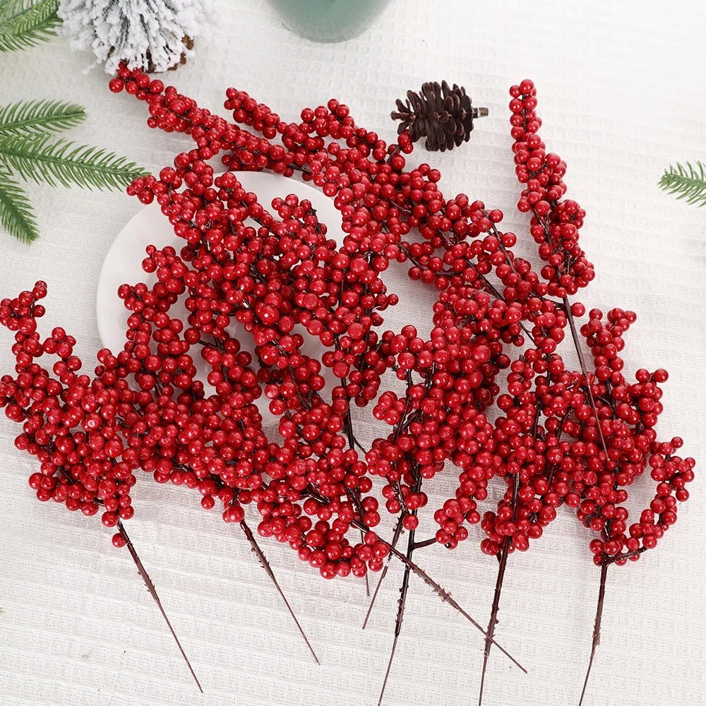 Christmas Red Berries Branch Fake Plants Flowers Artificial Holly Berry Stamen Wreath Ornaments for Xmas Tree Party Home Decor