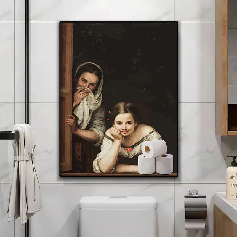 Funny Bathroom Toilet Decoration Painting Mona Lisa Wearing Pearls Girl with Roll Paper Canvas Prints Posters Home Wall Decor