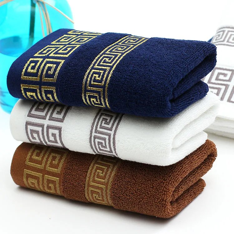 2pcs Set Cotton Towel 1pcs Hand Towel 34x74cm and 1pcs Big Bath Towel 70x140cm Blue White Brown Geometric Embroidered Gift Towel