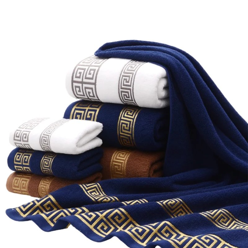 2pcs Set Cotton Towel 1pcs Hand Towel 34x74cm and 1pcs Big Bath Towel 70x140cm Blue White Brown Geometric Embroidered Gift Towel