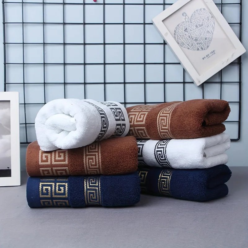 2pcs Set Cotton Towel 1pcs Hand Towel 34x74cm and 1pcs Big Bath Towel 70x140cm Blue White Brown Geometric Embroidered Gift Towel