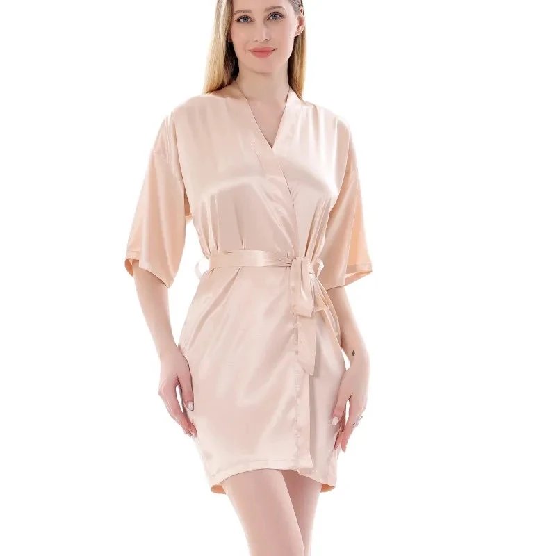 Women Silk Satin Short Night Robe Solid Kimono Robe Fashion Bath Robe Sexy Bathrobe Peignoir Femme Wedding Bride Bridesmaid Robe