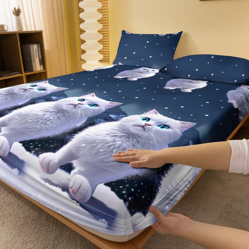1 piece of blue eyed white cat patterned matte bedsheet, bedroom printed bedspread, bedding (excluding pillowcases)