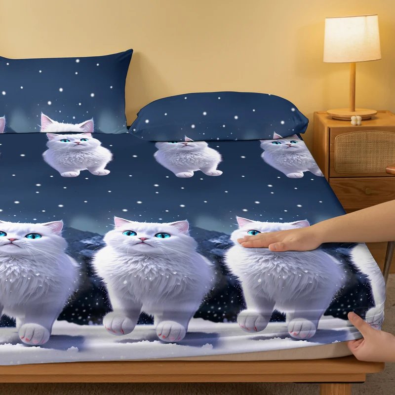 1 piece of blue eyed white cat patterned matte bedsheet, bedroom printed bedspread, bedding (excluding pillowcases)