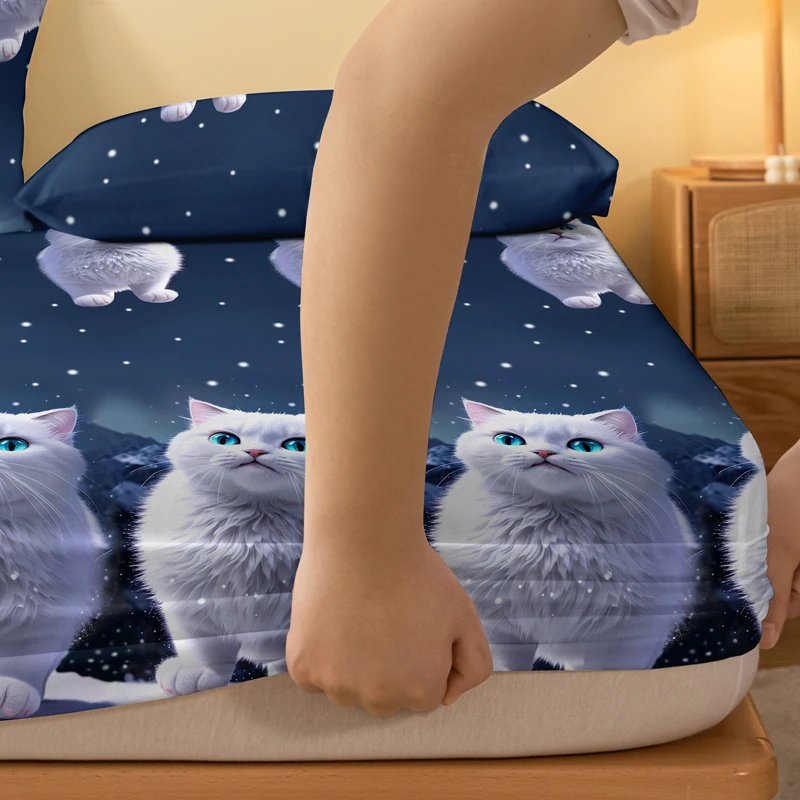 1 piece of blue eyed white cat patterned matte bedsheet, bedroom printed bedspread, bedding (excluding pillowcases)