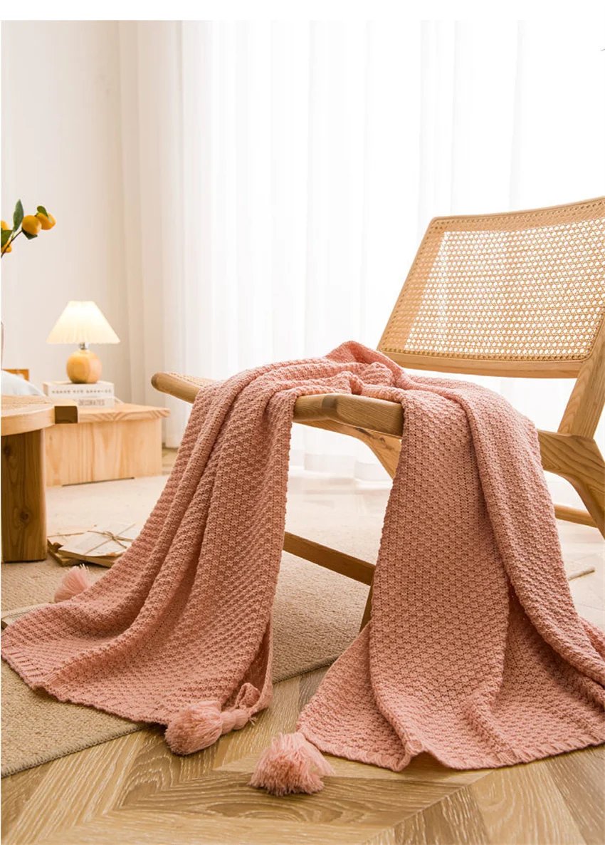Nordic Blankets for Bed Sofa Couch Chunky Knit Bedspread Knitted Throw Blanket with Tassel Plain Color Waffle Embossed Blanket