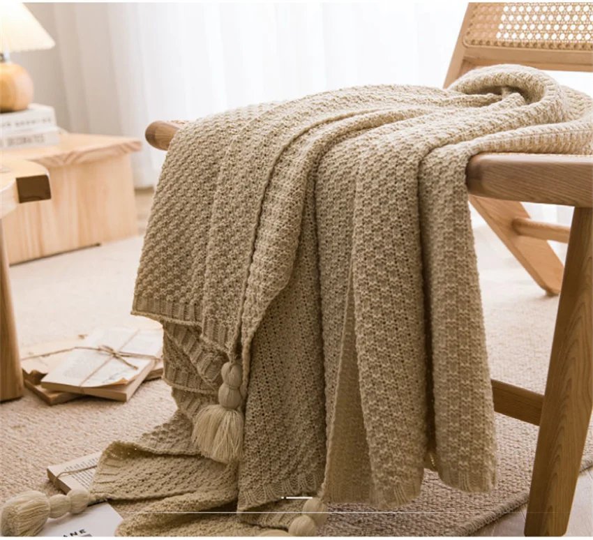 Nordic Blankets for Bed Sofa Couch Chunky Knit Bedspread Knitted Throw Blanket with Tassel Plain Color Waffle Embossed Blanket