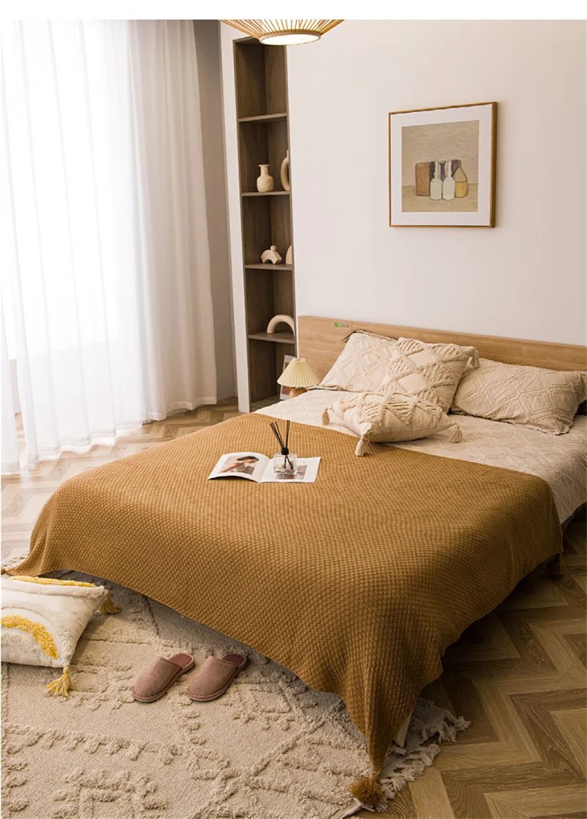 Nordic Blankets for Bed Sofa Couch Chunky Knit Bedspread Knitted Throw Blanket with Tassel Plain Color Waffle Embossed Blanket