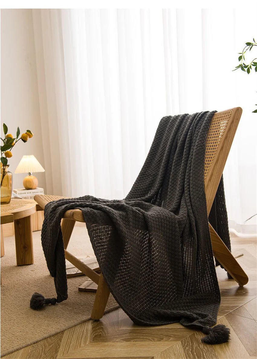 Nordic Blankets for Bed Sofa Couch Chunky Knit Bedspread Knitted Throw Blanket with Tassel Plain Color Waffle Embossed Blanket
