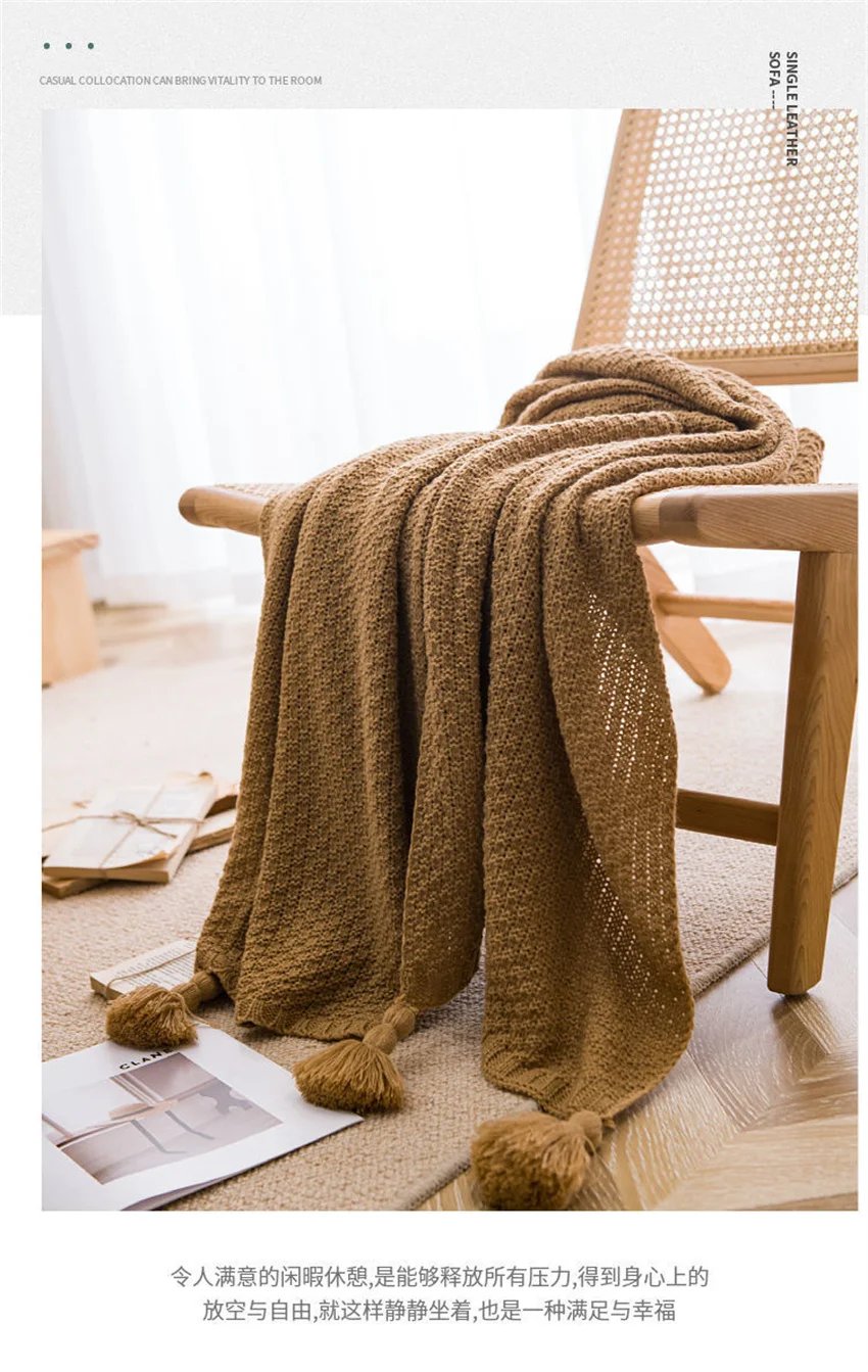 Nordic Blankets for Bed Sofa Couch Chunky Knit Bedspread Knitted Throw Blanket with Tassel Plain Color Waffle Embossed Blanket