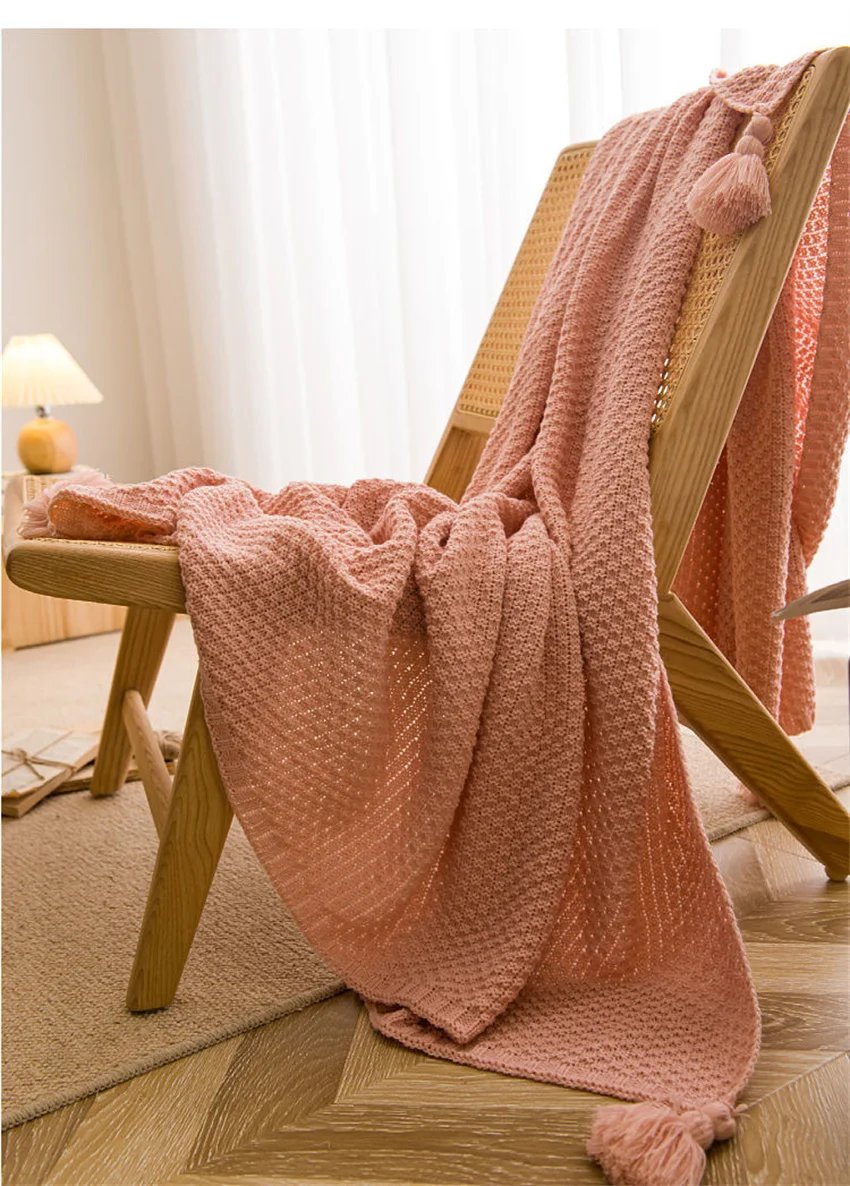 Nordic Blankets for Bed Sofa Couch Chunky Knit Bedspread Knitted Throw Blanket with Tassel Plain Color Waffle Embossed Blanket