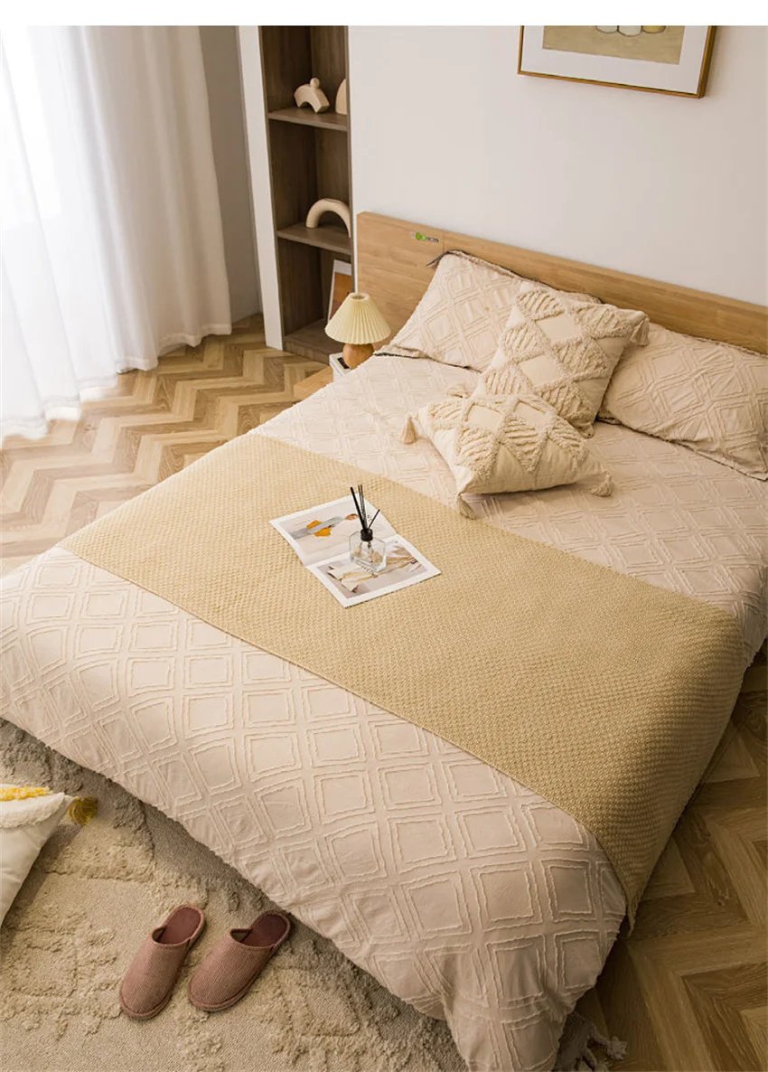 Nordic Blankets for Bed Sofa Couch Chunky Knit Bedspread Knitted Throw Blanket with Tassel Plain Color Waffle Embossed Blanket