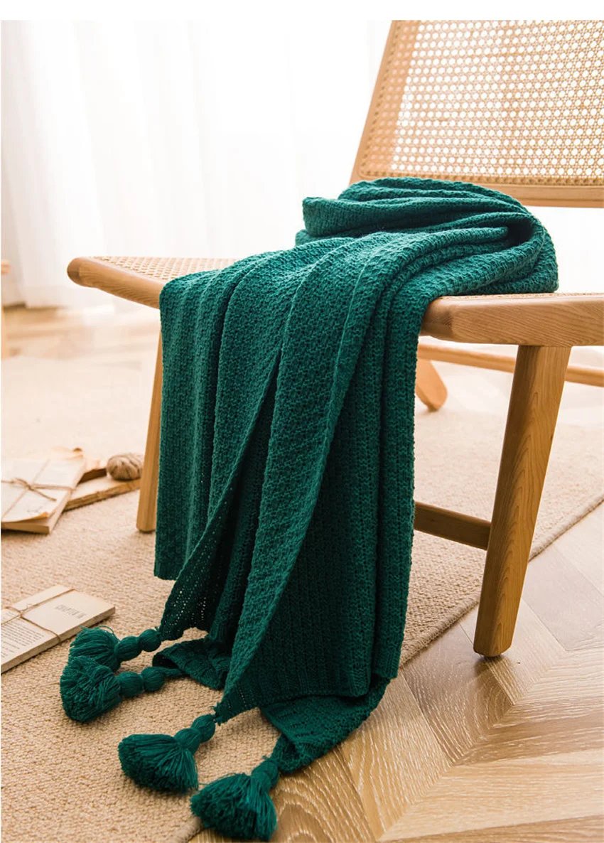 Nordic Blankets for Bed Sofa Couch Chunky Knit Bedspread Knitted Throw Blanket with Tassel Plain Color Waffle Embossed Blanket
