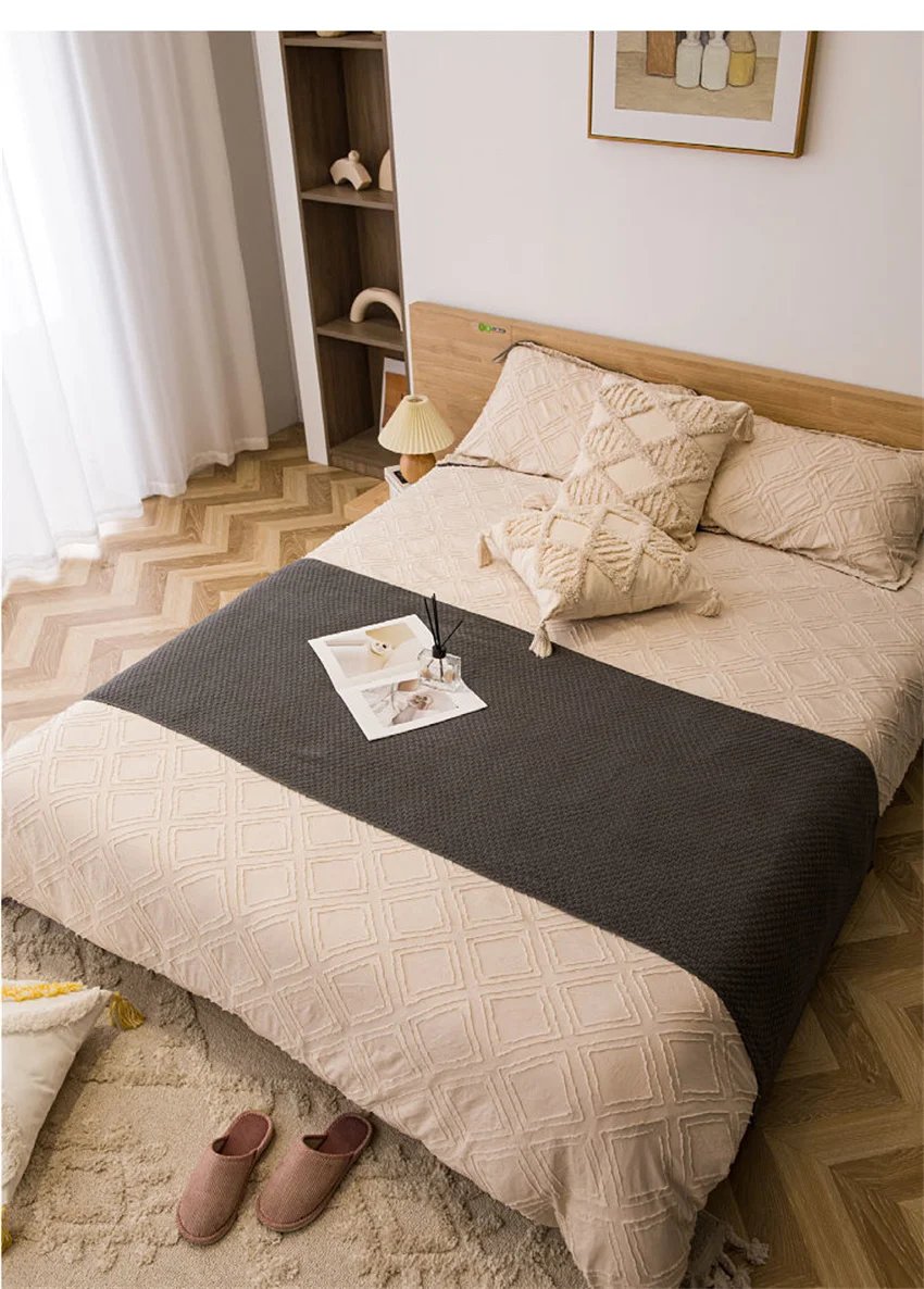 Nordic Blankets for Bed Sofa Couch Chunky Knit Bedspread Knitted Throw Blanket with Tassel Plain Color Waffle Embossed Blanket