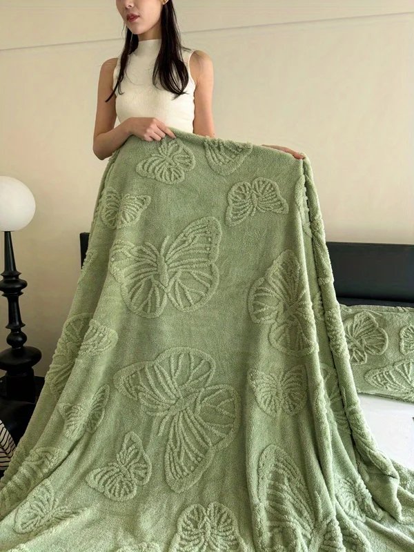 1pc Minimalist Butterfly Jacquard Faux Long Plush Lamb Wool Blanket, Soft And Warm, Can Be Used As Bedspread Or Shawl