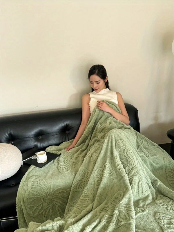 1pc Minimalist Butterfly Jacquard Faux Long Plush Lamb Wool Blanket, Soft And Warm, Can Be Used As Bedspread Or Shawl