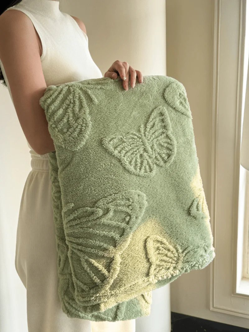 1pc Minimalist Butterfly Jacquard Faux Long Plush Lamb Wool Blanket, Soft And Warm, Can Be Used As Bedspread Or Shawl