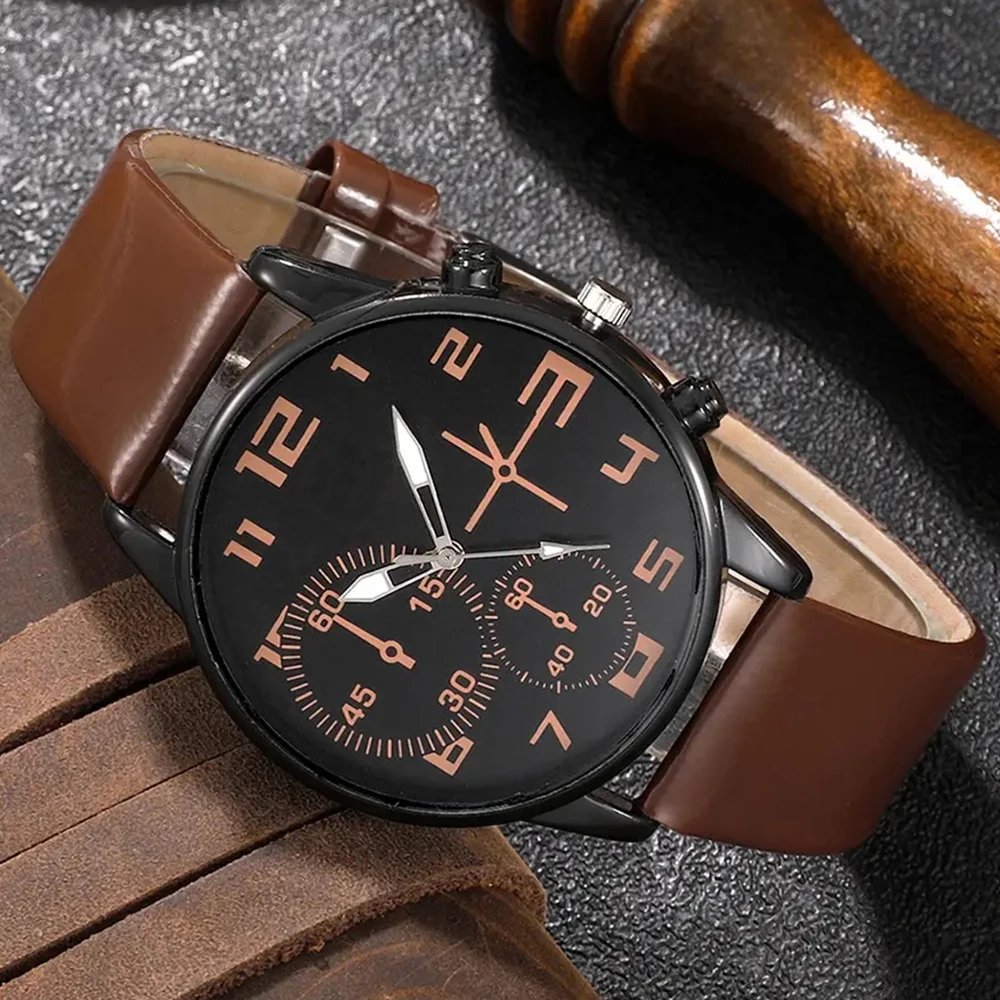 5PCS Set Fashion Mens Sports Bracelet Watches For Men Retro Big Dial Quartz Wrist Watch Classic Male Casual Brown Leather Watch