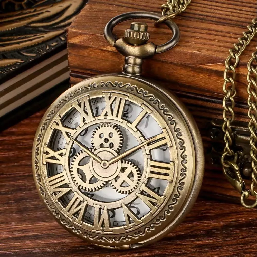 Retro Steampunk Gift Gear Quartz Pocket Watch with Chain Old Style Accessories Necklace Pendant for Men