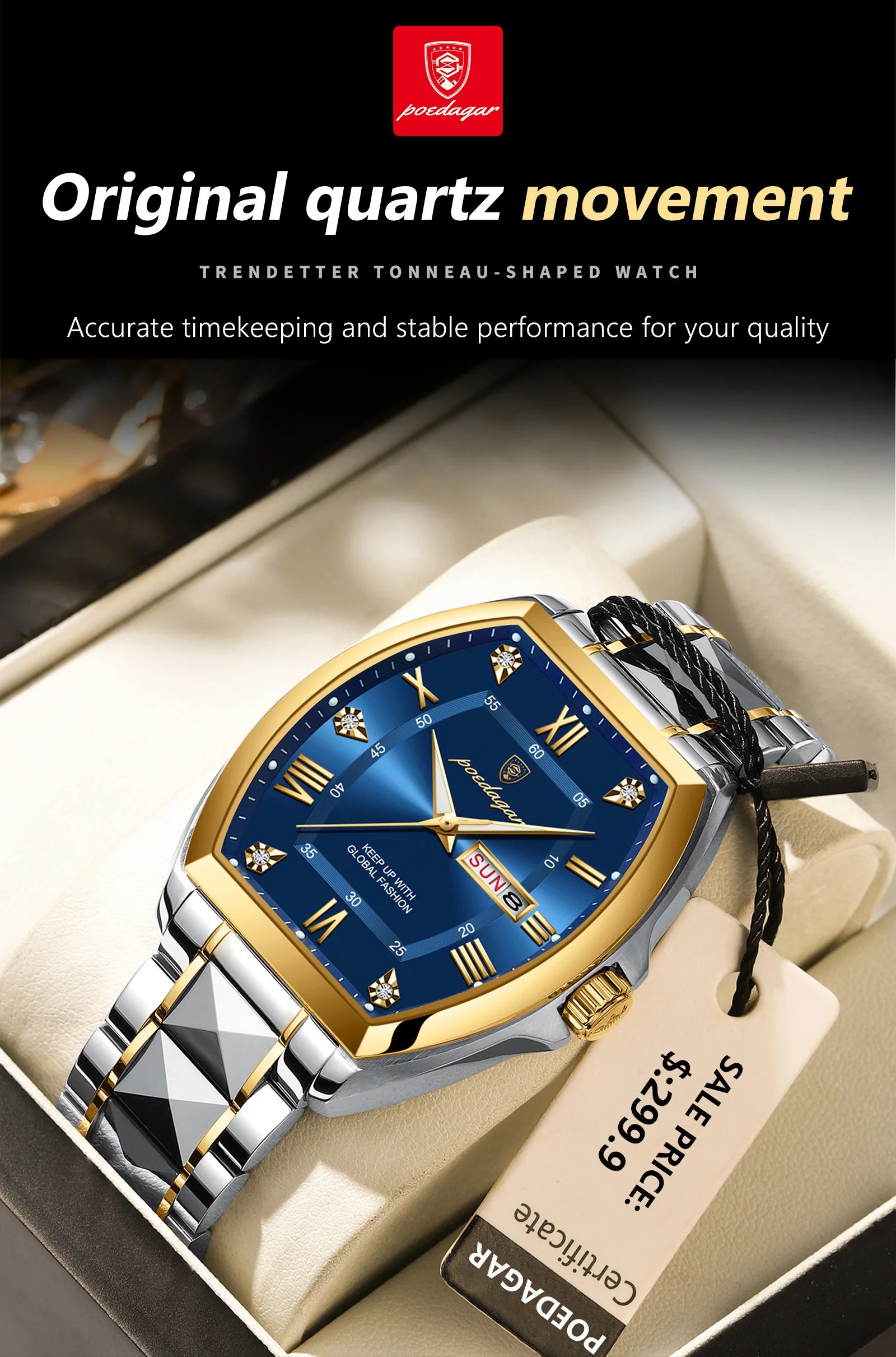 Luxury Stainless Steel Watches for Man Luminous Waterproof Date Week Men Watch Tonneau Case Men's Quartz Watches Reloj