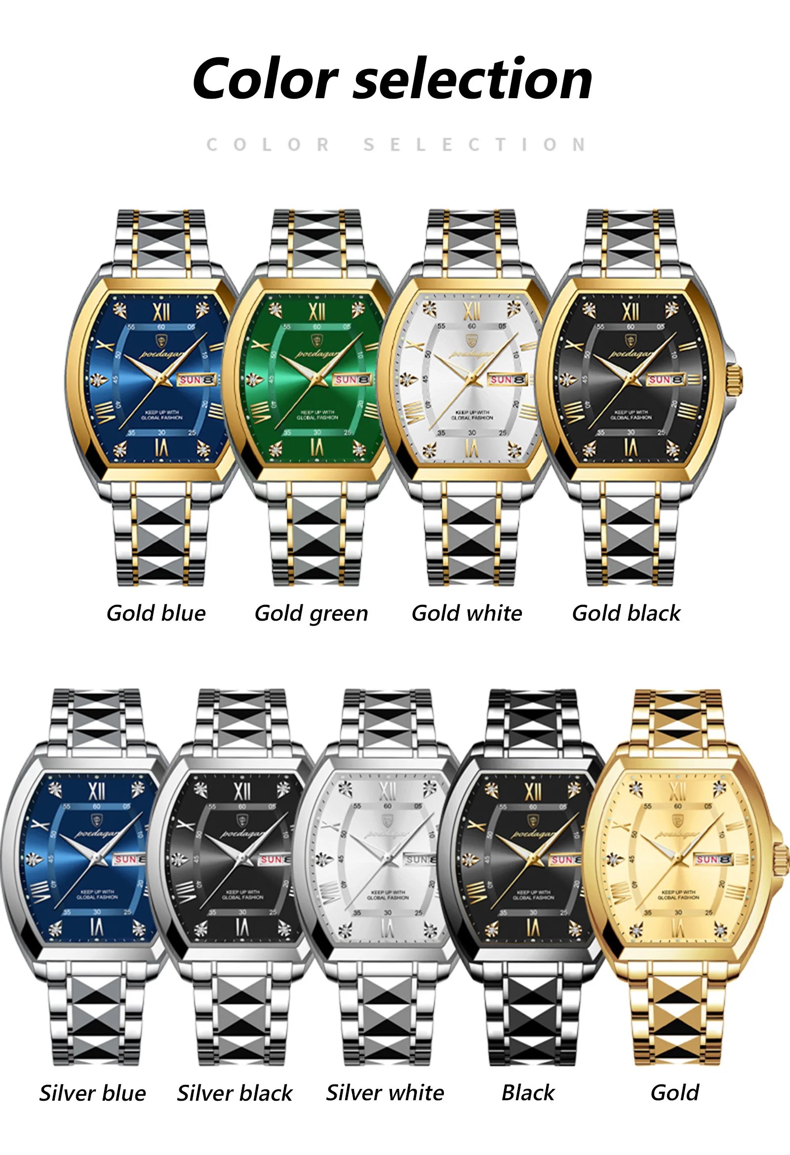 Luxury Stainless Steel Watches for Man Luminous Waterproof Date Week Men Watch Tonneau Case Men's Quartz Watches Reloj