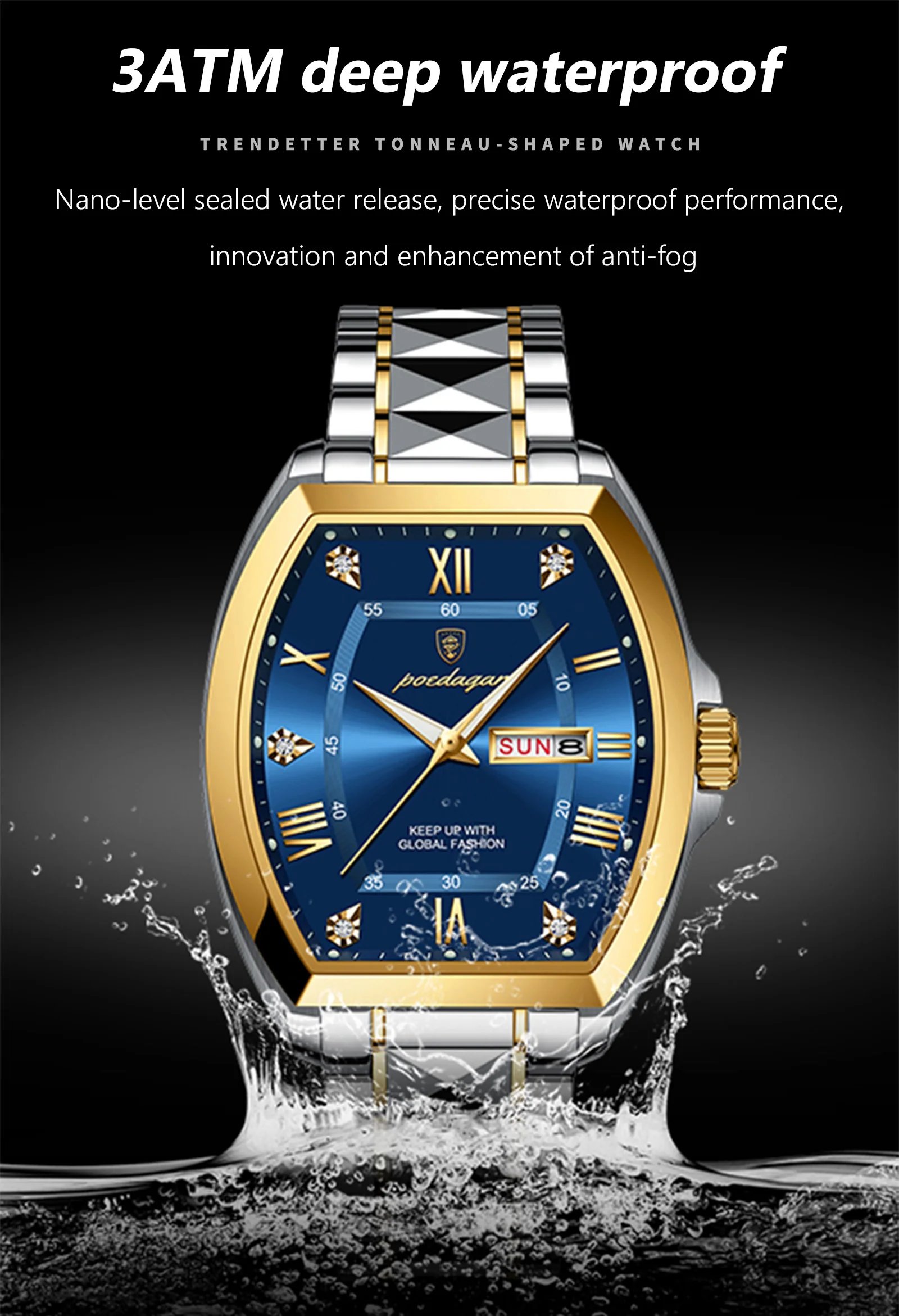 Luxury Stainless Steel Watches for Man Luminous Waterproof Date Week Men Watch Tonneau Case Men's Quartz Watches Reloj