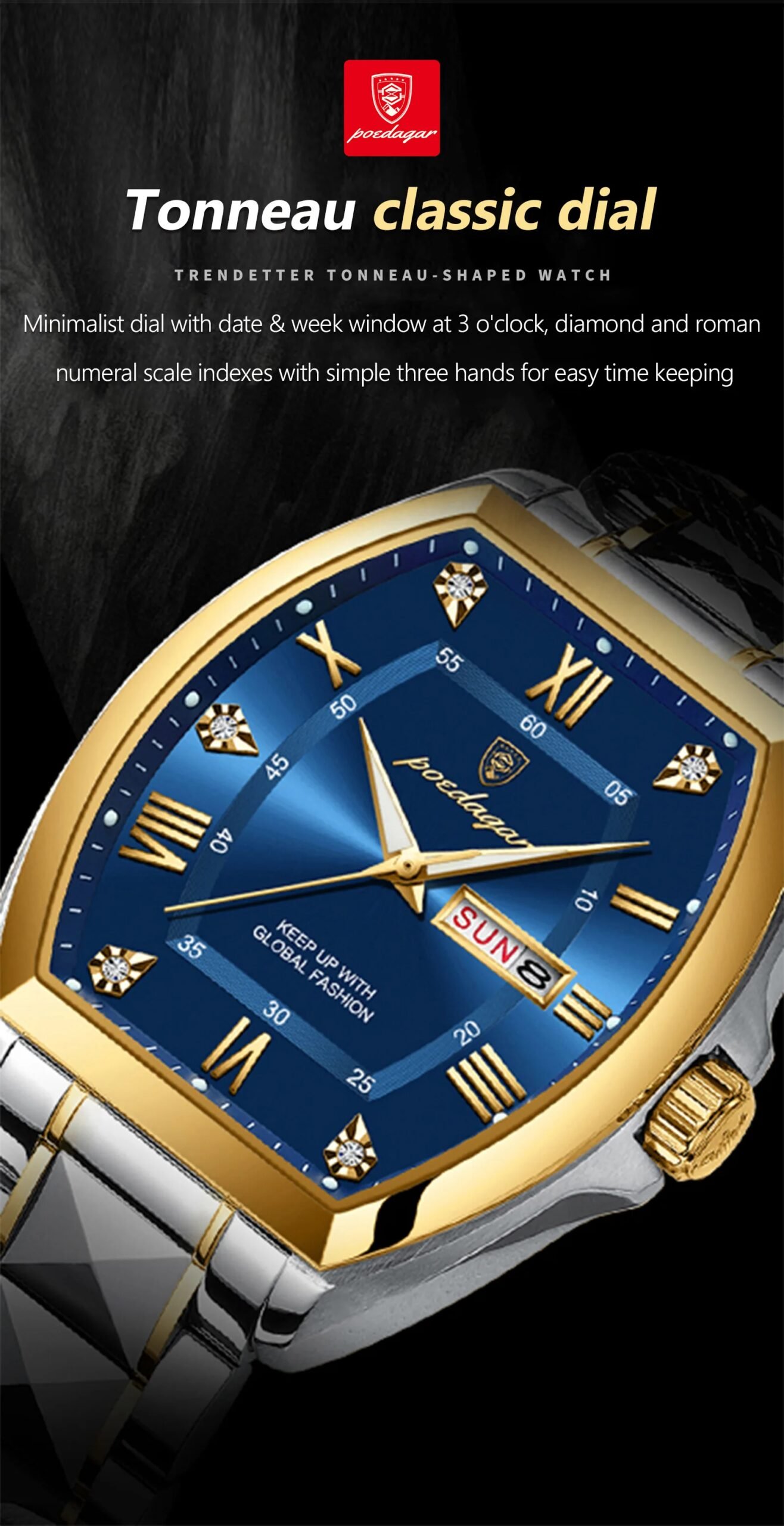 Luxury Stainless Steel Watches for Man Luminous Waterproof Date Week Men Watch Tonneau Case Men's Quartz Watches Reloj