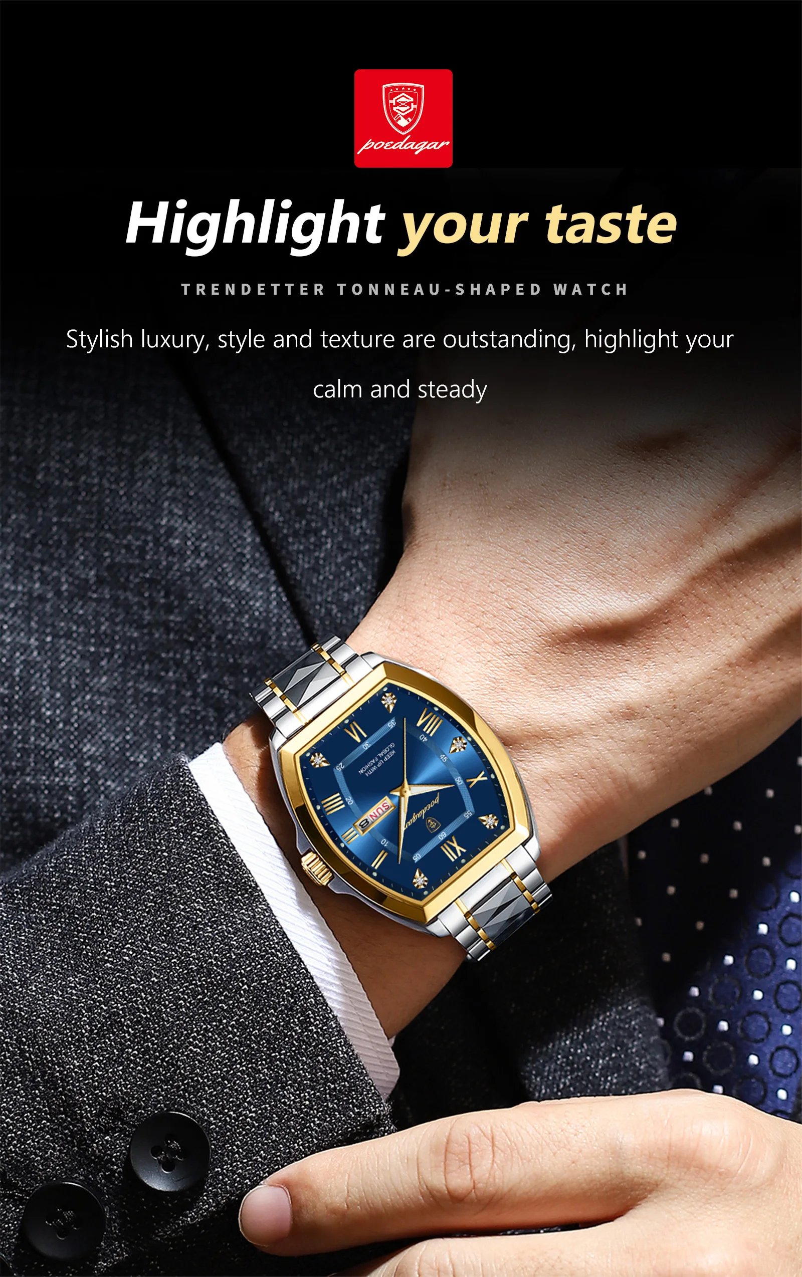 Luxury Stainless Steel Watches for Man Luminous Waterproof Date Week Men Watch Tonneau Case Men's Quartz Watches Reloj