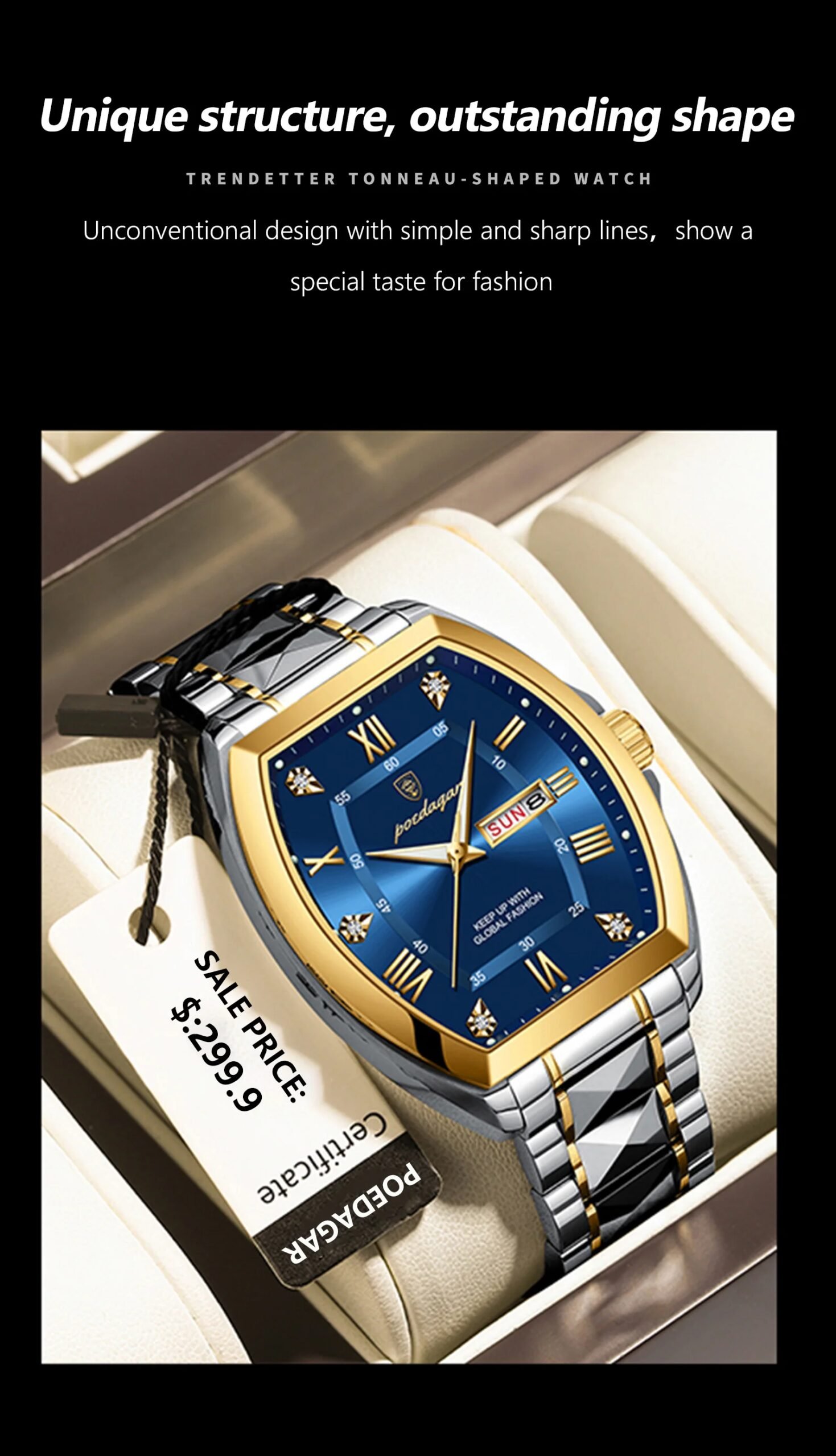 Luxury Stainless Steel Watches for Man Luminous Waterproof Date Week Men Watch Tonneau Case Men's Quartz Watches Reloj