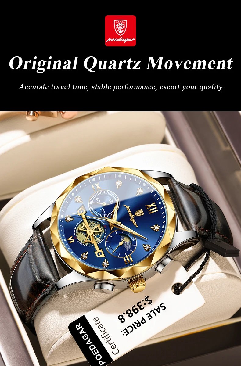 Luxury Watch for Man Sports Leather Men Quartz Watch Waterproof Luminous Chronograph Men's Watches Male Clock Reloj+box