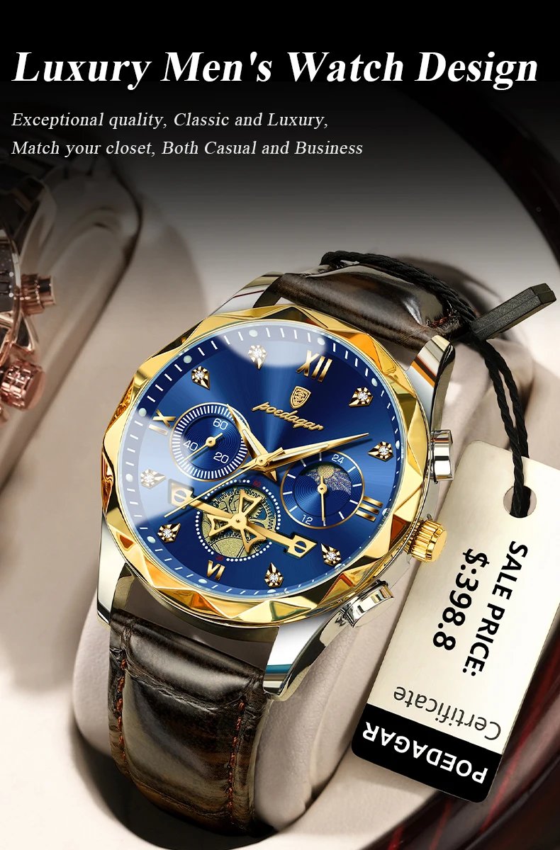 Luxury Watch for Man Sports Leather Men Quartz Watch Waterproof Luminous Chronograph Men's Watches Male Clock Reloj+box