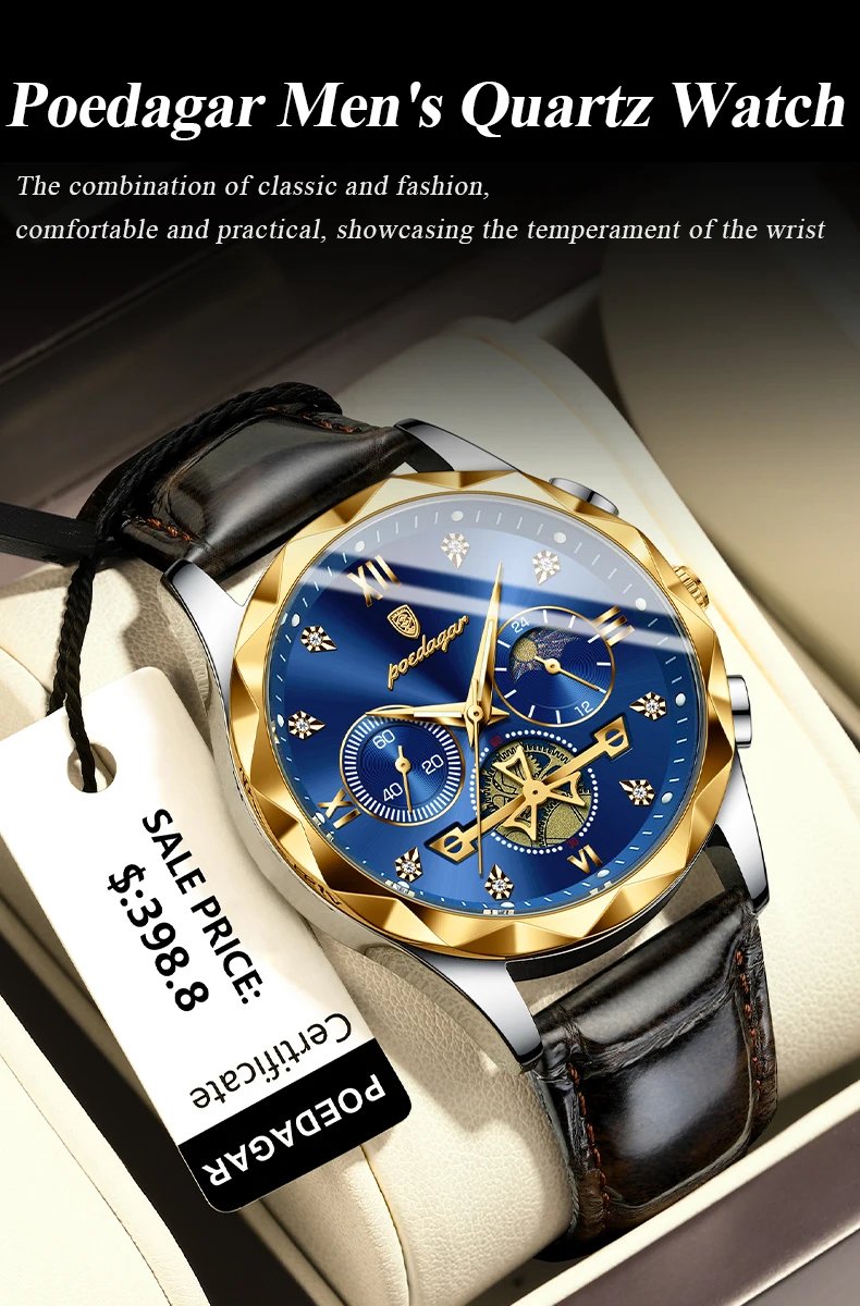 Luxury Watch for Man Sports Leather Men Quartz Watch Waterproof Luminous Chronograph Men's Watches Male Clock Reloj+box