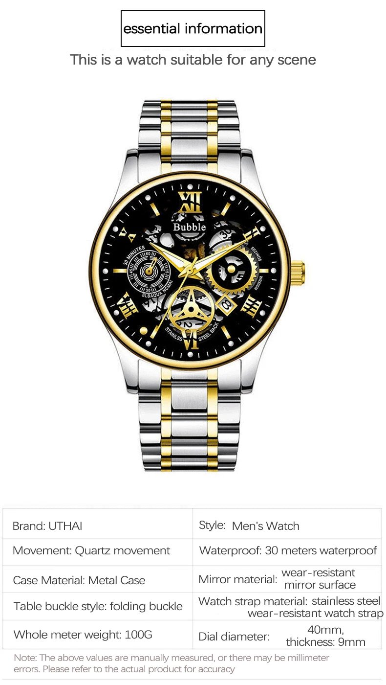 UTHAI CQ260 Multi functional luxury quartz watch, fashionable and high-end luxury men's watch, Roman hollow design clock